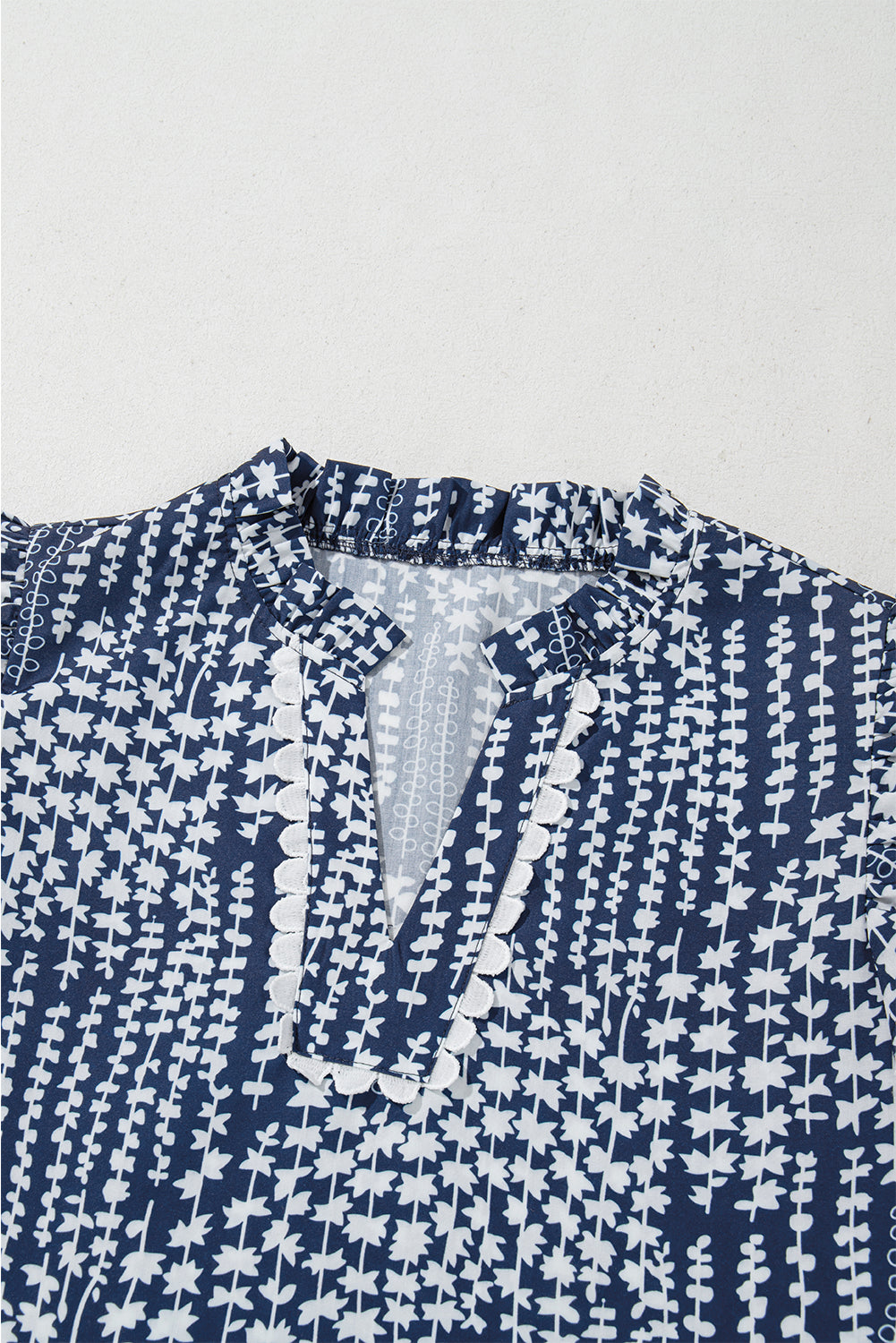 Pink Abstract Print Ric Rac Trim Flutter Sleeve Notch V Neck Blouse