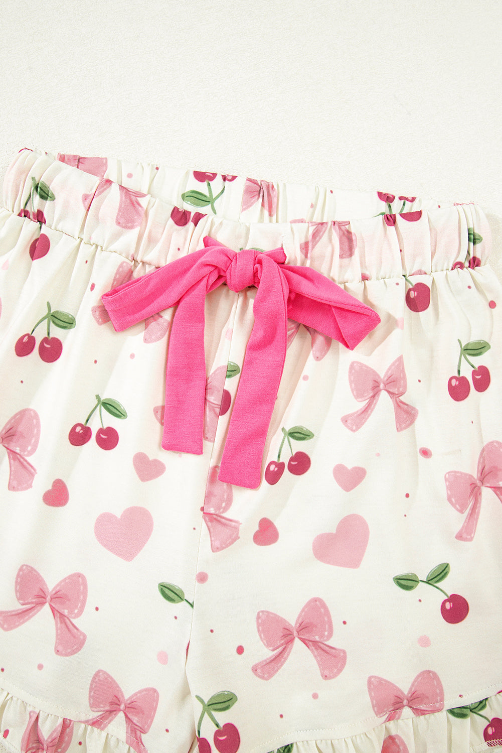 Pink Bow Print Contrast Pipping Short Pajamas Set