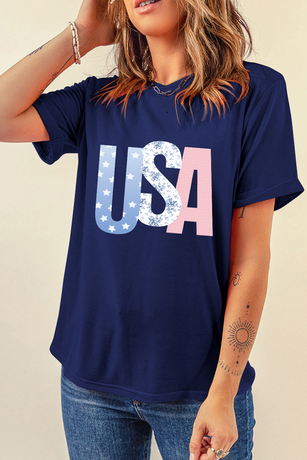 Blue USA Graphic July 4th Crew Neck T Shirt