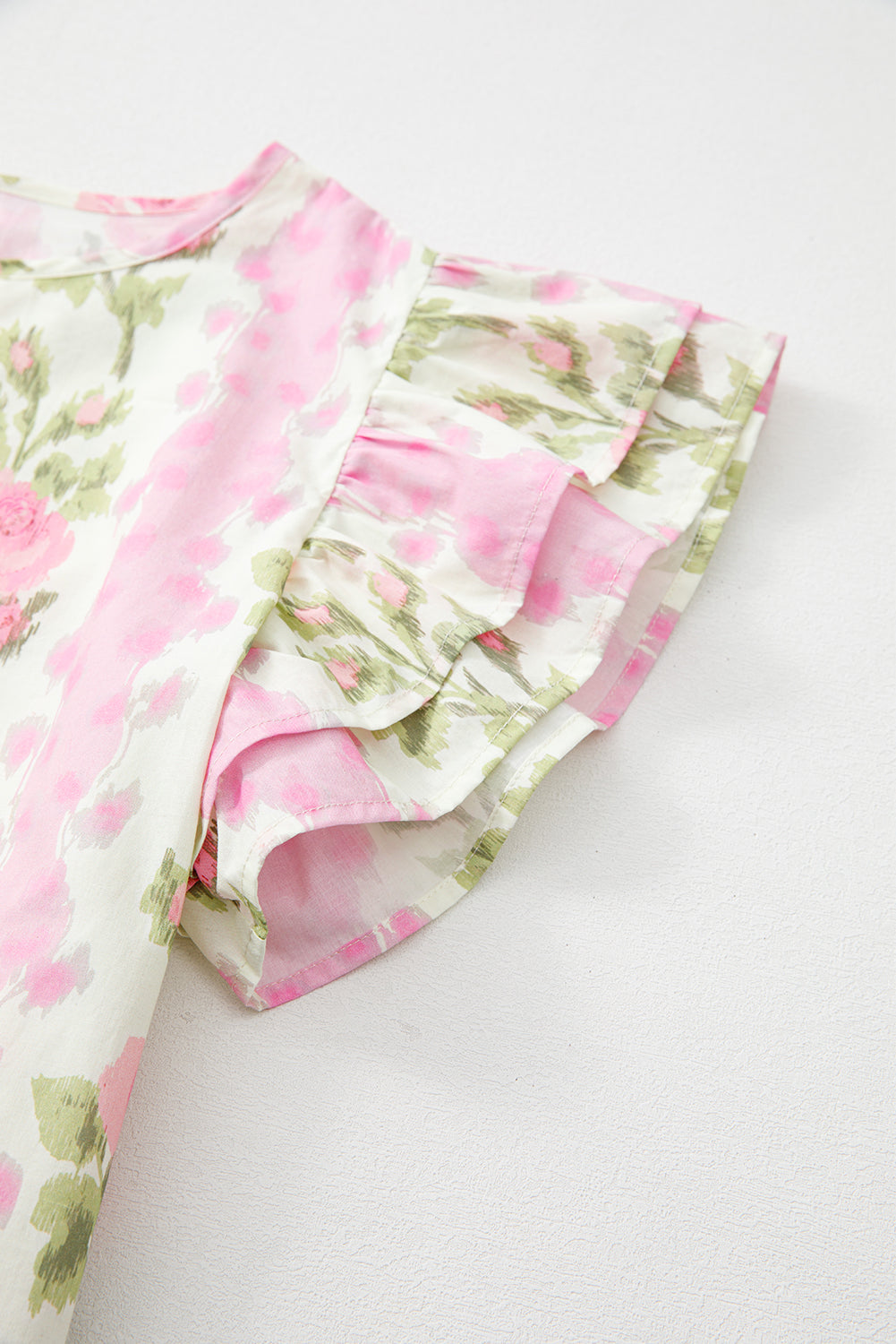 Pink Floral Print Ruffled Sleeve Summer Top
