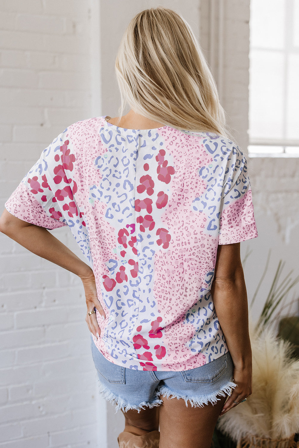 Mixed Leopard Print V Neck Short Sleeve Blouse