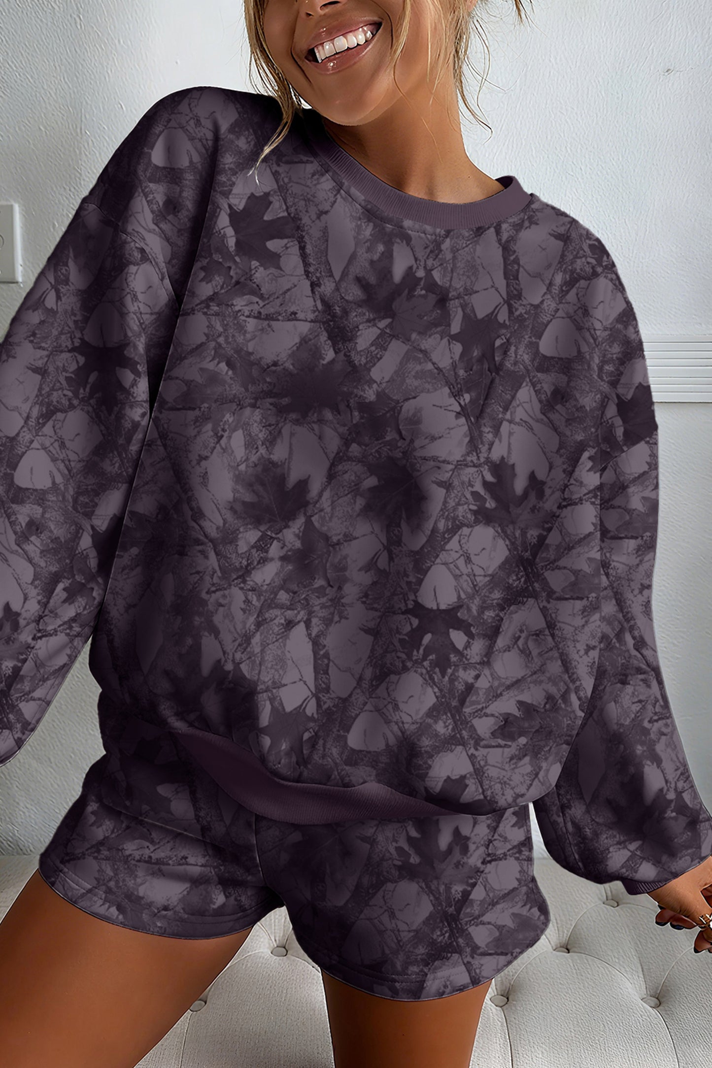 Camo Print Baggy Pullover Drawstring Shorts Set