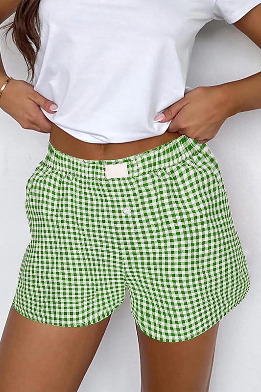 Fern Green Red Plaid Gingham Printed High Waist Shorts