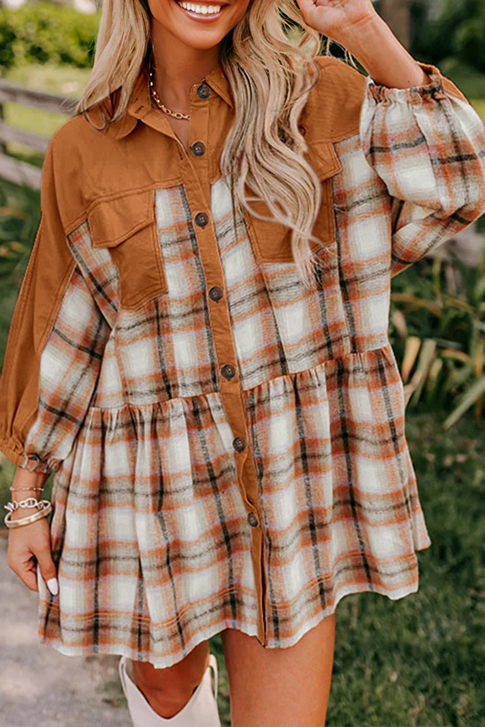 Ruffle Plaid Shirt Dress