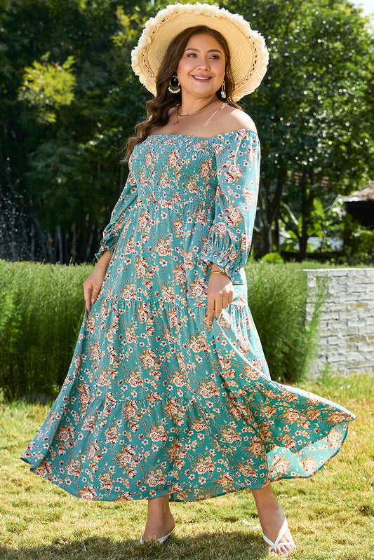 Floral Print Square Neck Smocked Maxi Dress