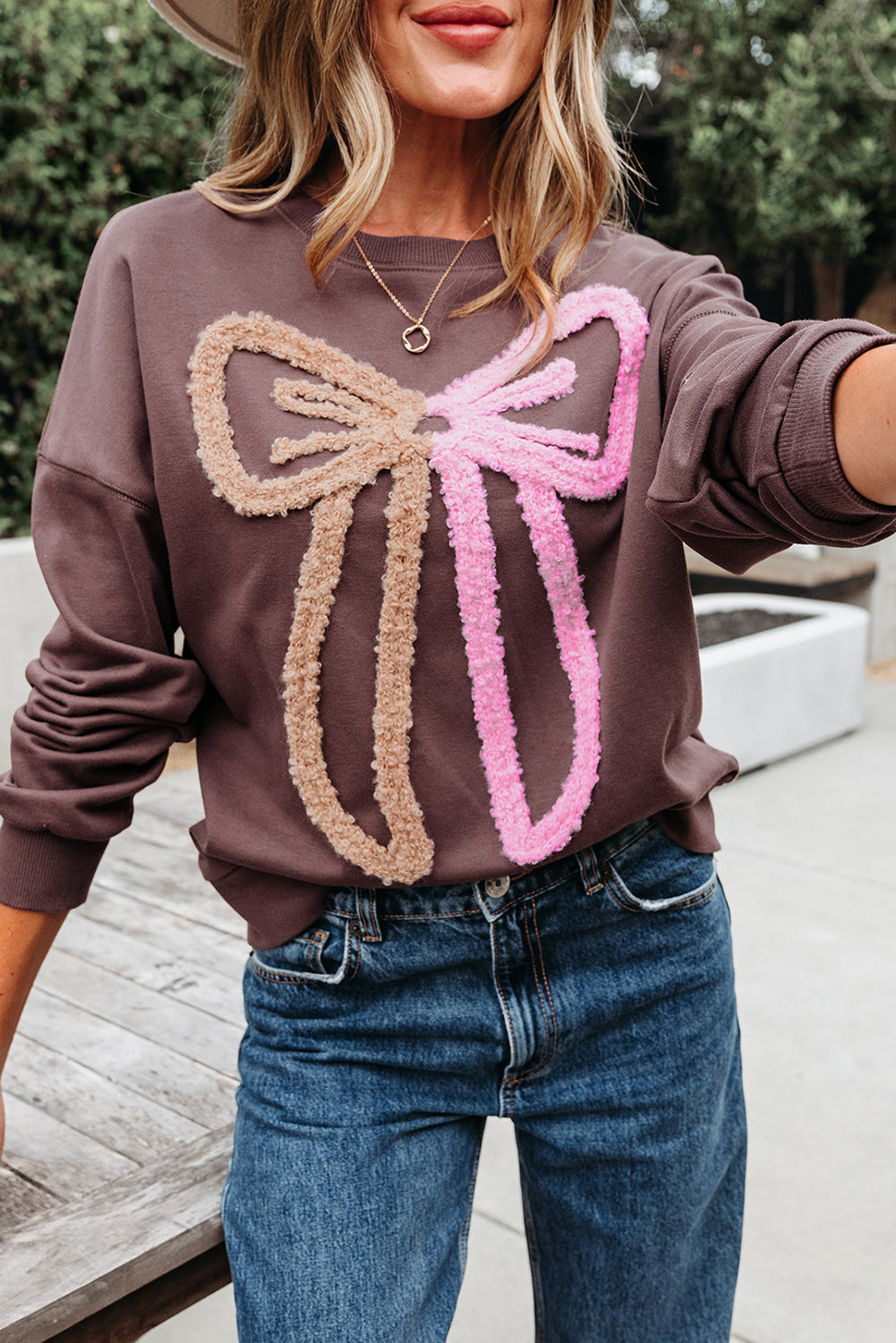 Dark Khaki Terry Bow Pattern Sweatshirt