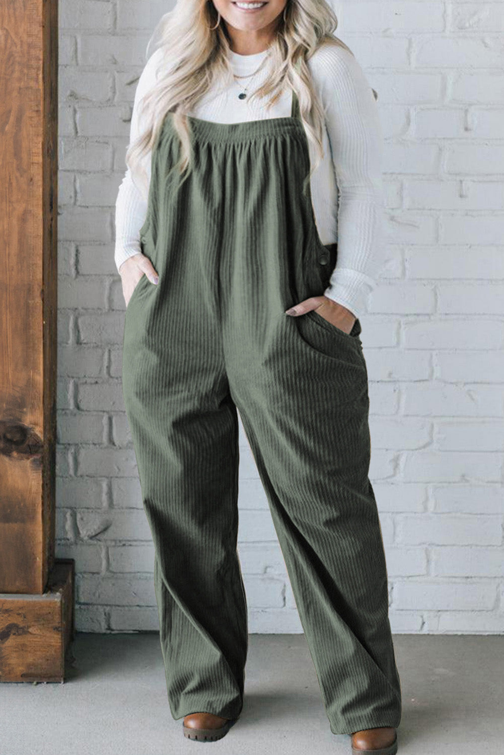 Jungle Green Corduroy Pocketed Wide Leg Overall