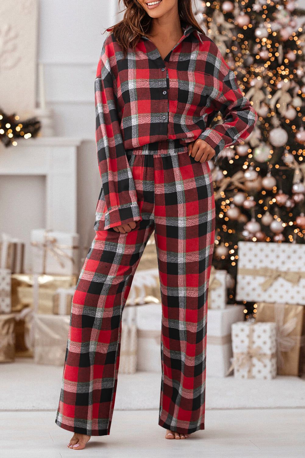 Red Checkered Pattern Loose Shirt and Pants Lounge Set