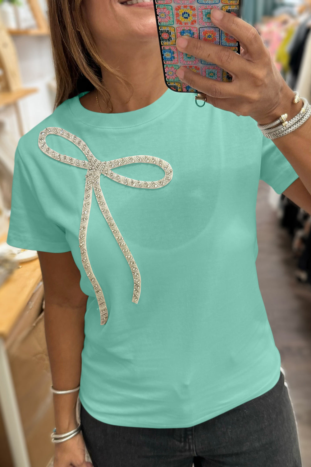 Mint Green Rhinestone Bow Embellished Round Neck Tee