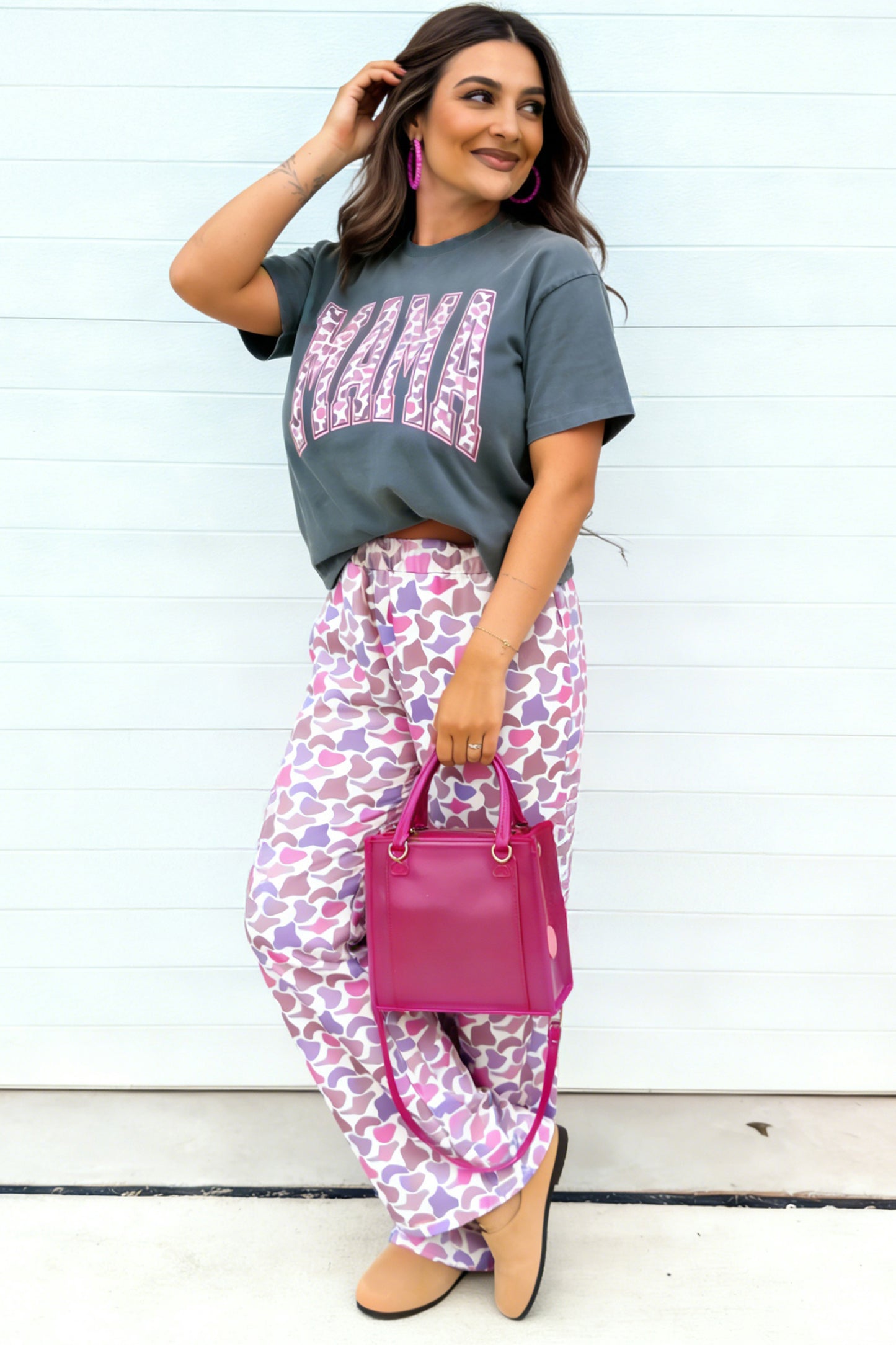 MAMA Letter Graphic Tee Camouflage Print Loose Pant Set