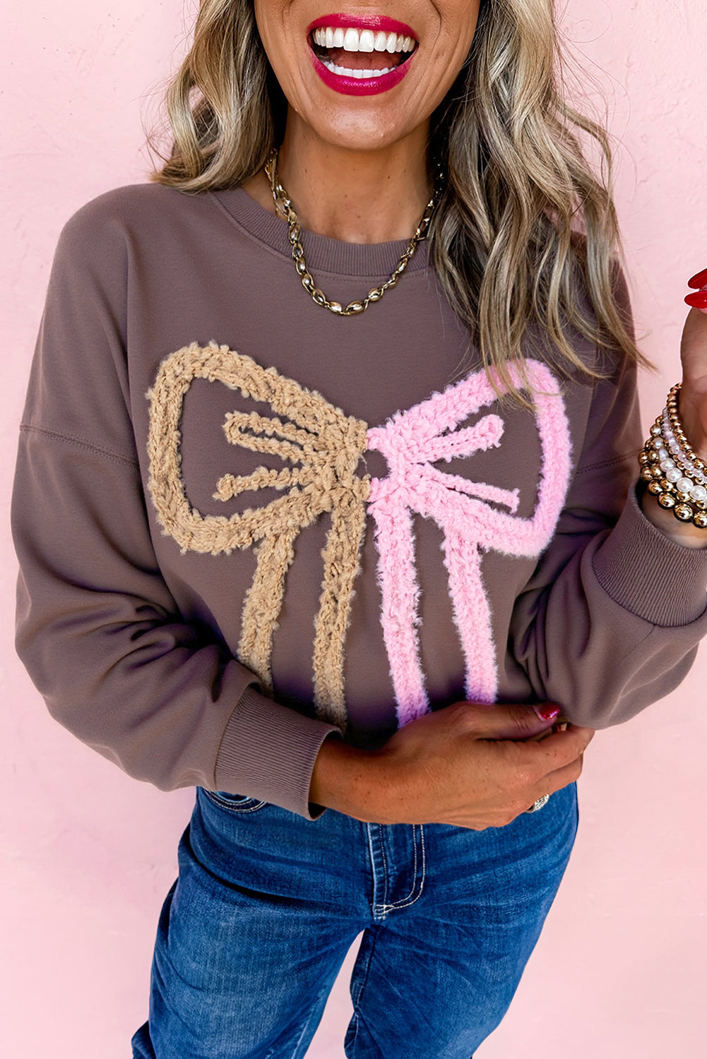 Dark Khaki Terry Bow Pattern Sweatshirt