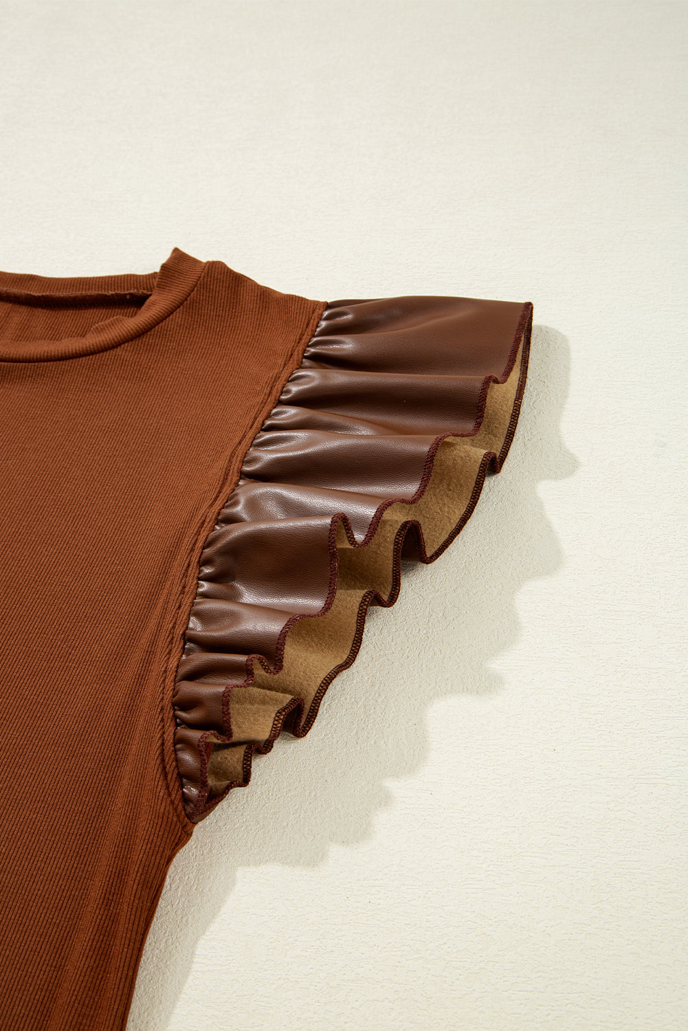 Leather Ruffle Sleeve Patchwork Round Neck Blouse