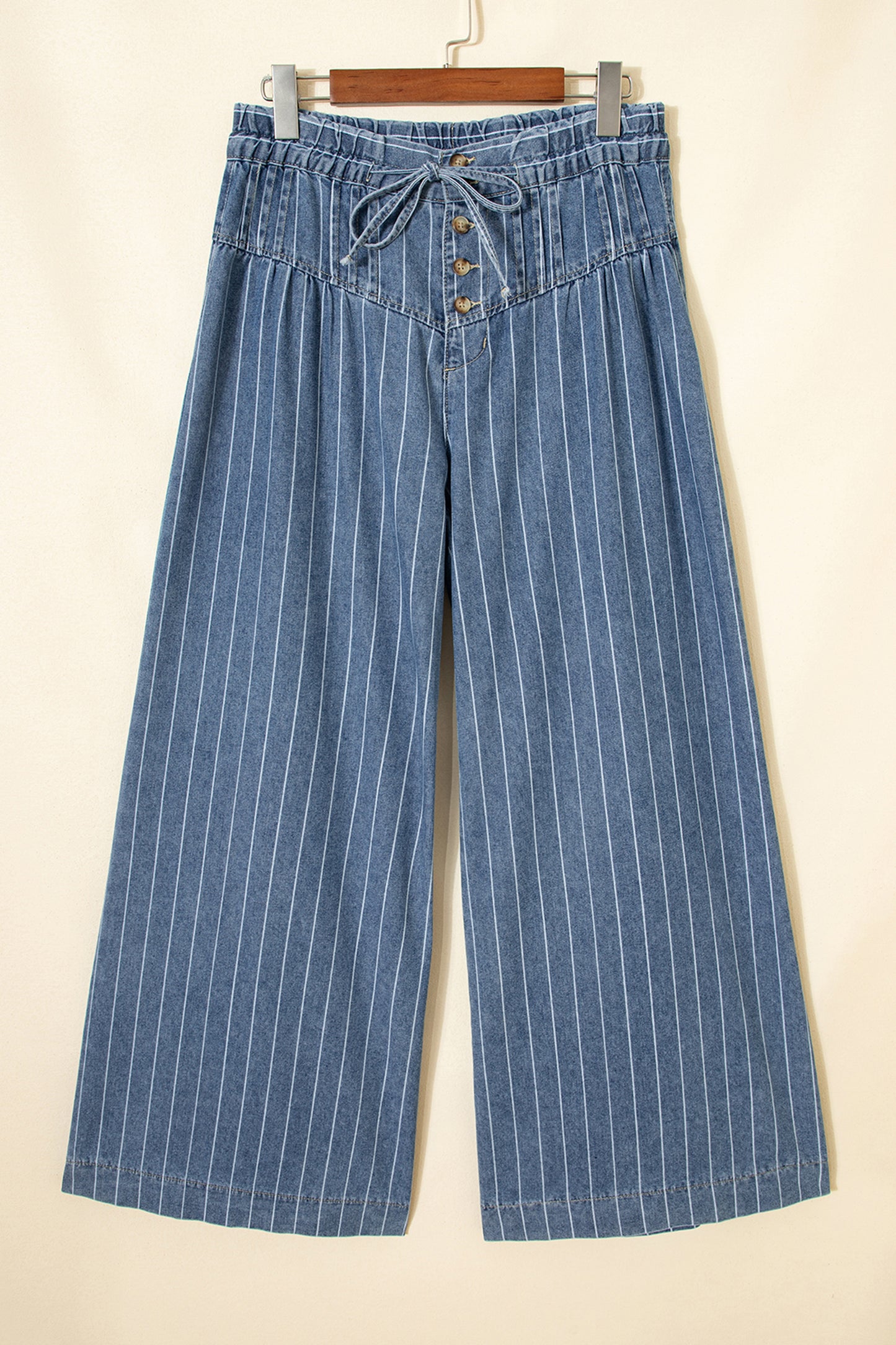 Stripe Button Pleated Drawstring Waist Casual Wide Leg Jeans