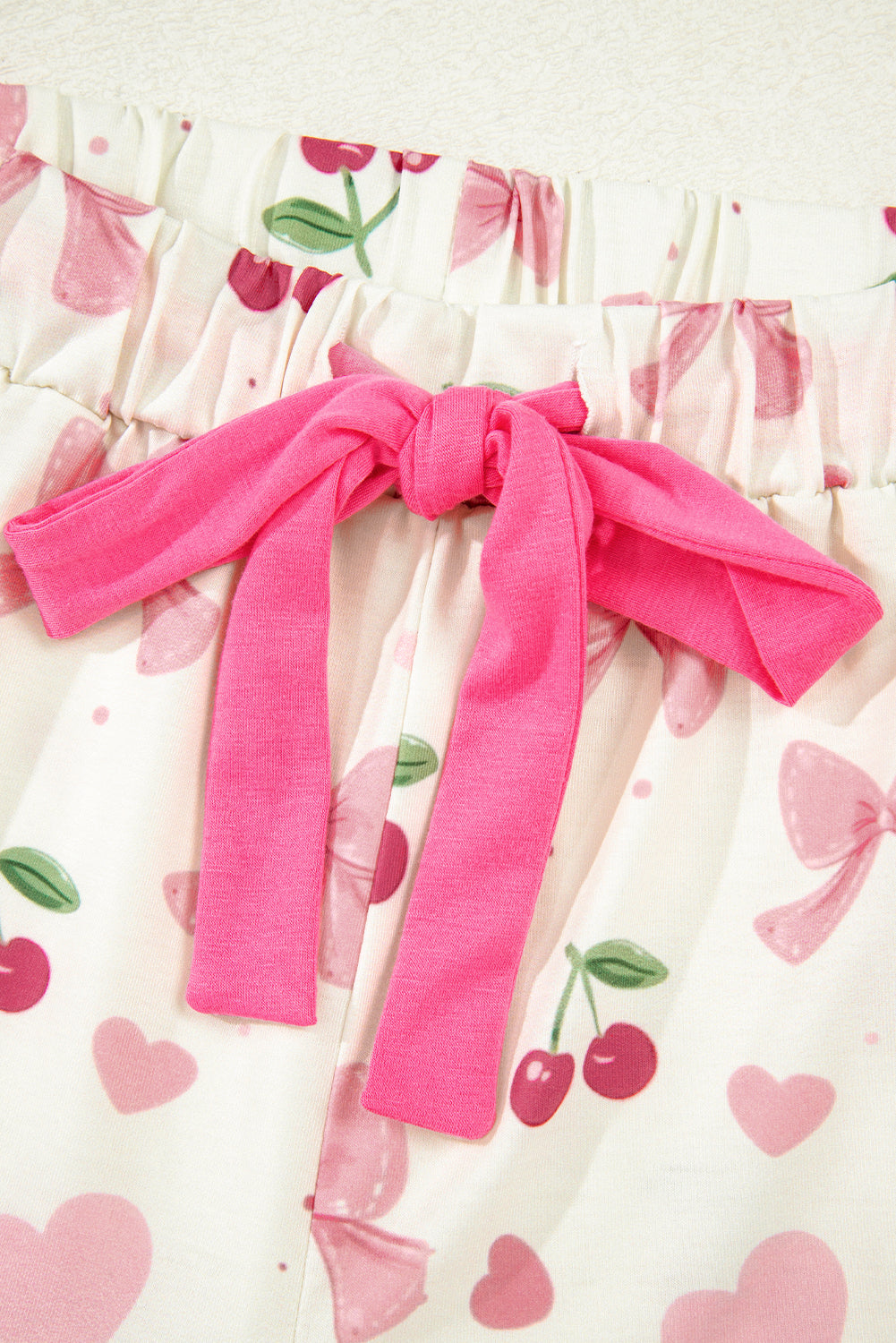 Pink Bow Print Contrast Pipping Short Pajamas Set