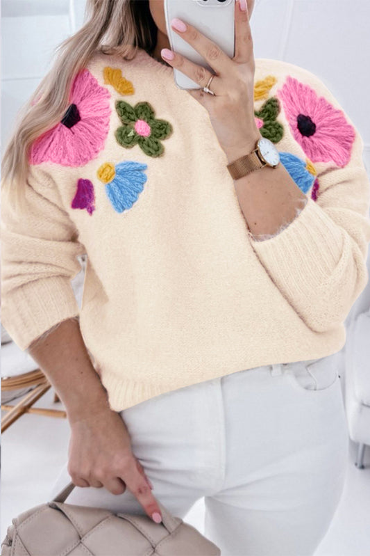 Beige Crochet Flower Pullover Sweater