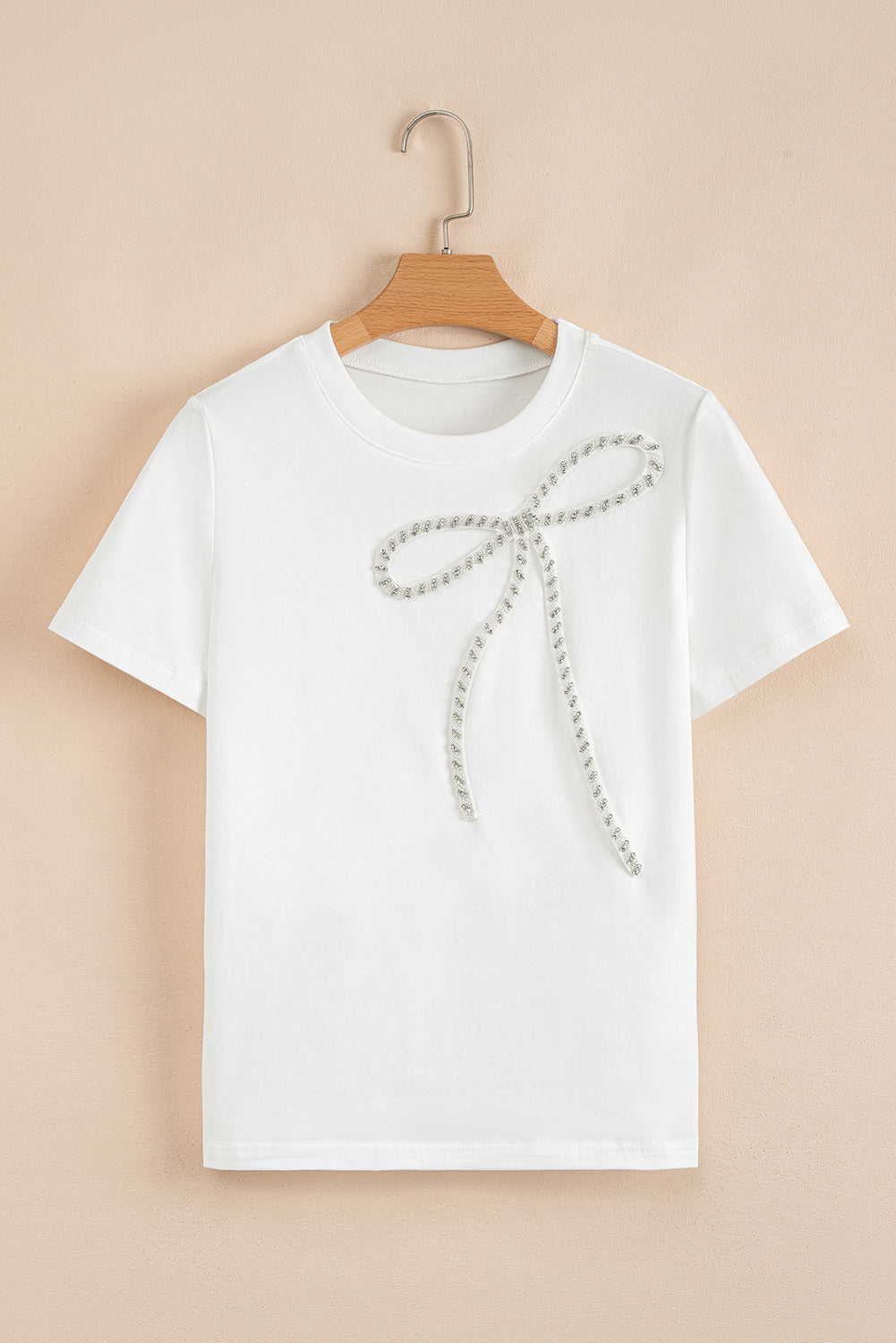 White Rhinestone Bow Embellished Round Neck Tee