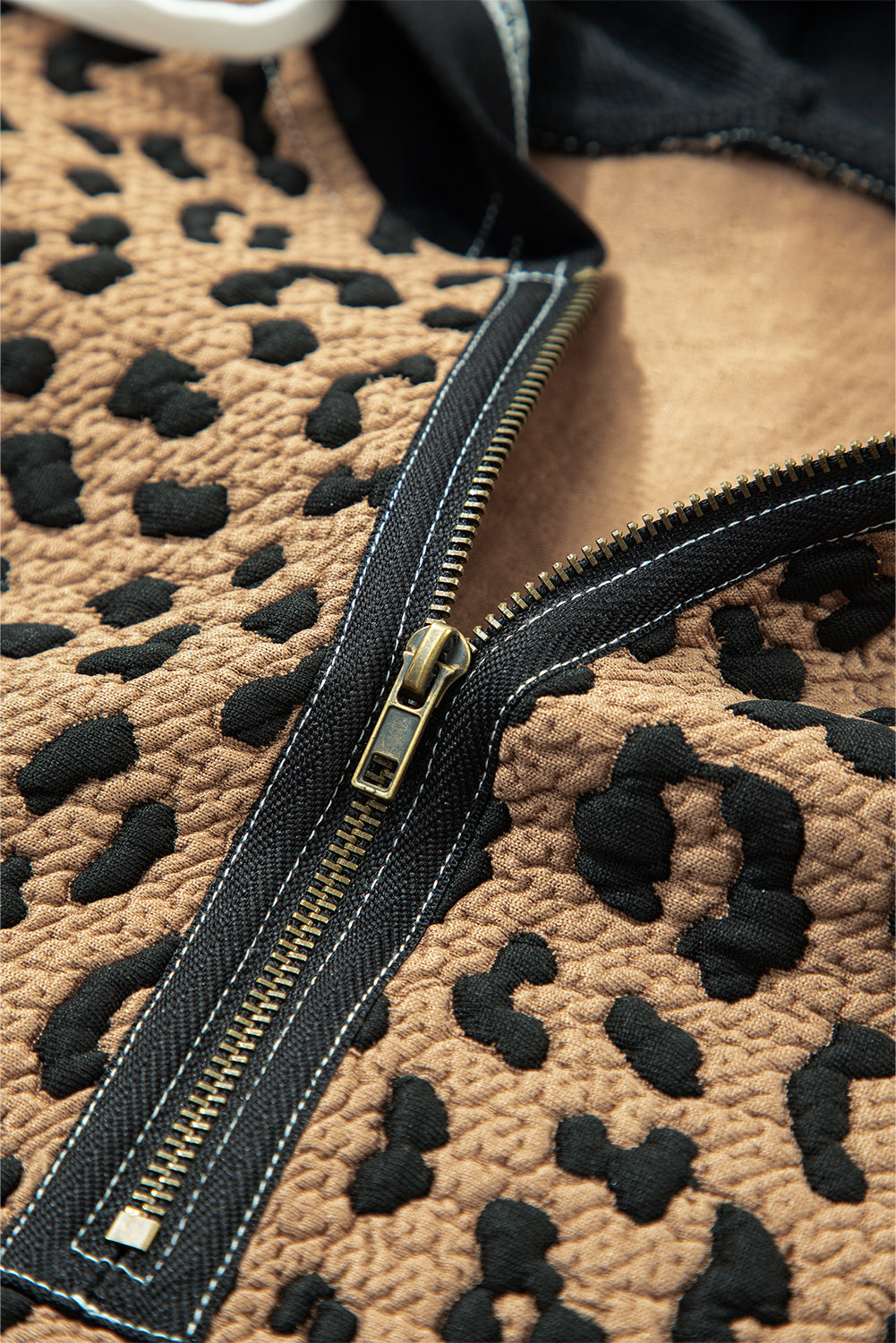 Brown Leopard Knotted Cuff Quarter Zip Hoodie