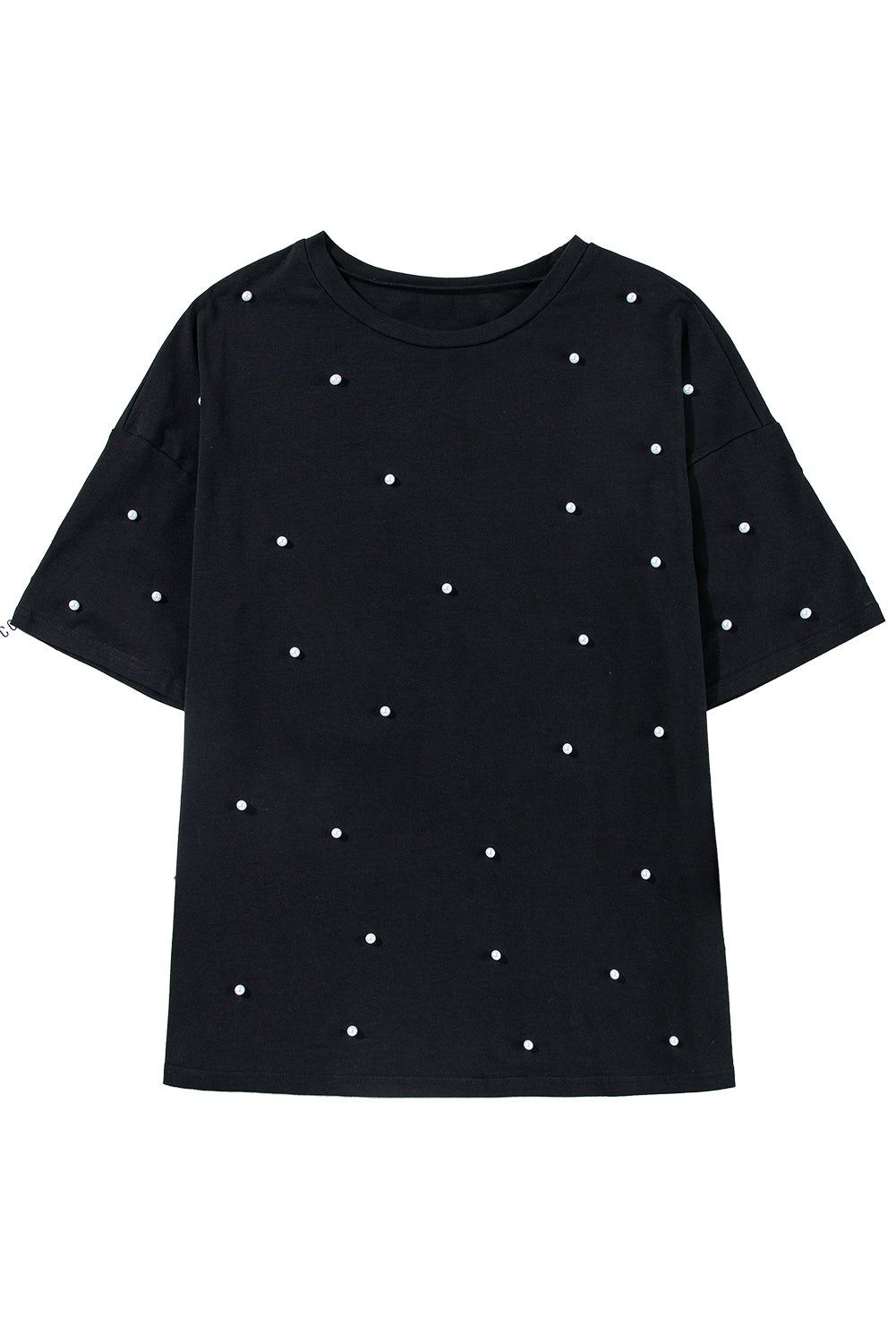 Black Pearl Beaded Drop Shoulder Crewneck T Shirt