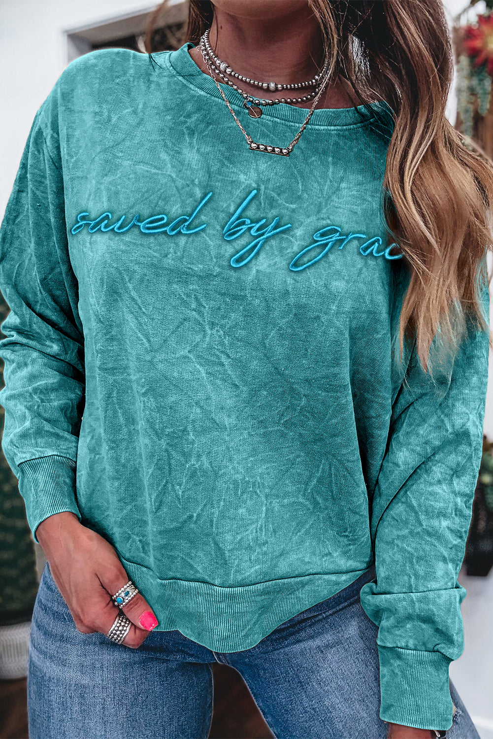 Saved By Grace Letter Embroidery Mineral Wash Loose Sweatshirt