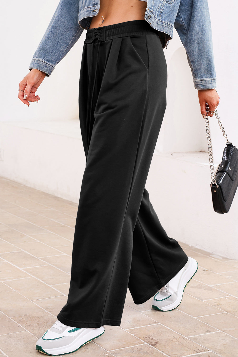 Tied Elastic High Waist Pleated Detail Solid Sweatpants