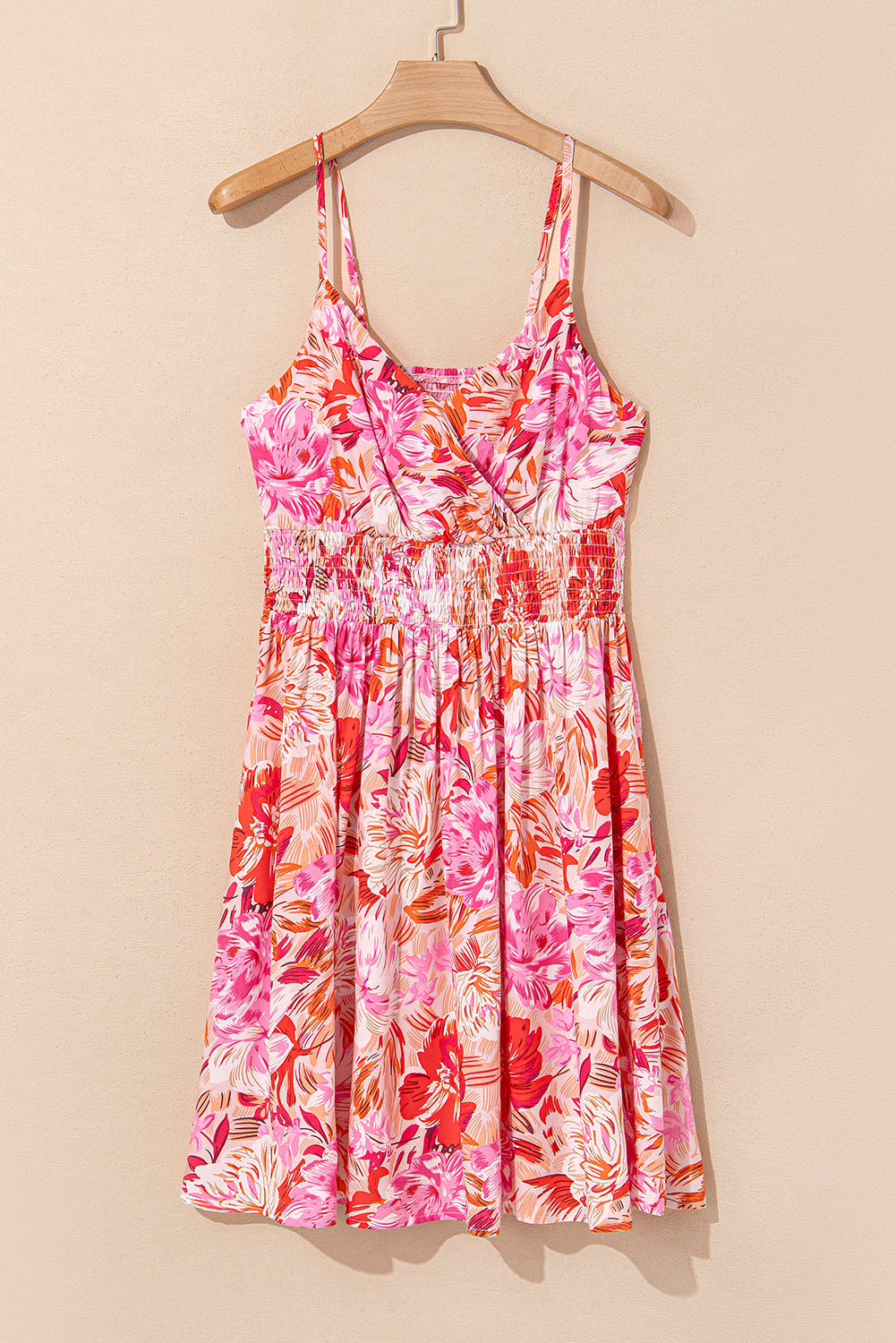 Floral Spaghetti Strap Surplice Neck Shirred Waist Mini Dress