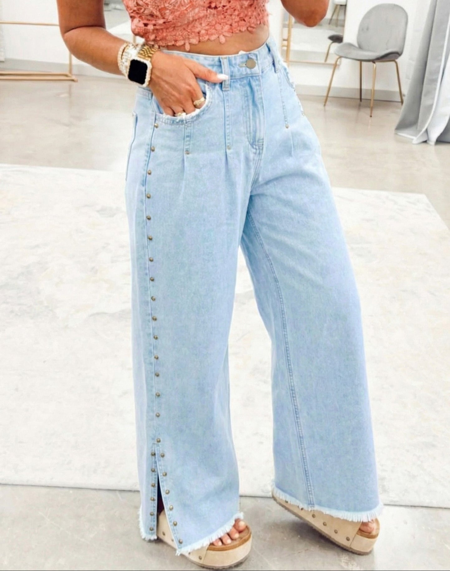 Blue Studded Side Slit Wide Leg Jeans