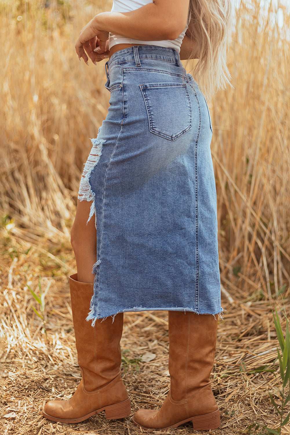 Distressed Denim Midi Skirt