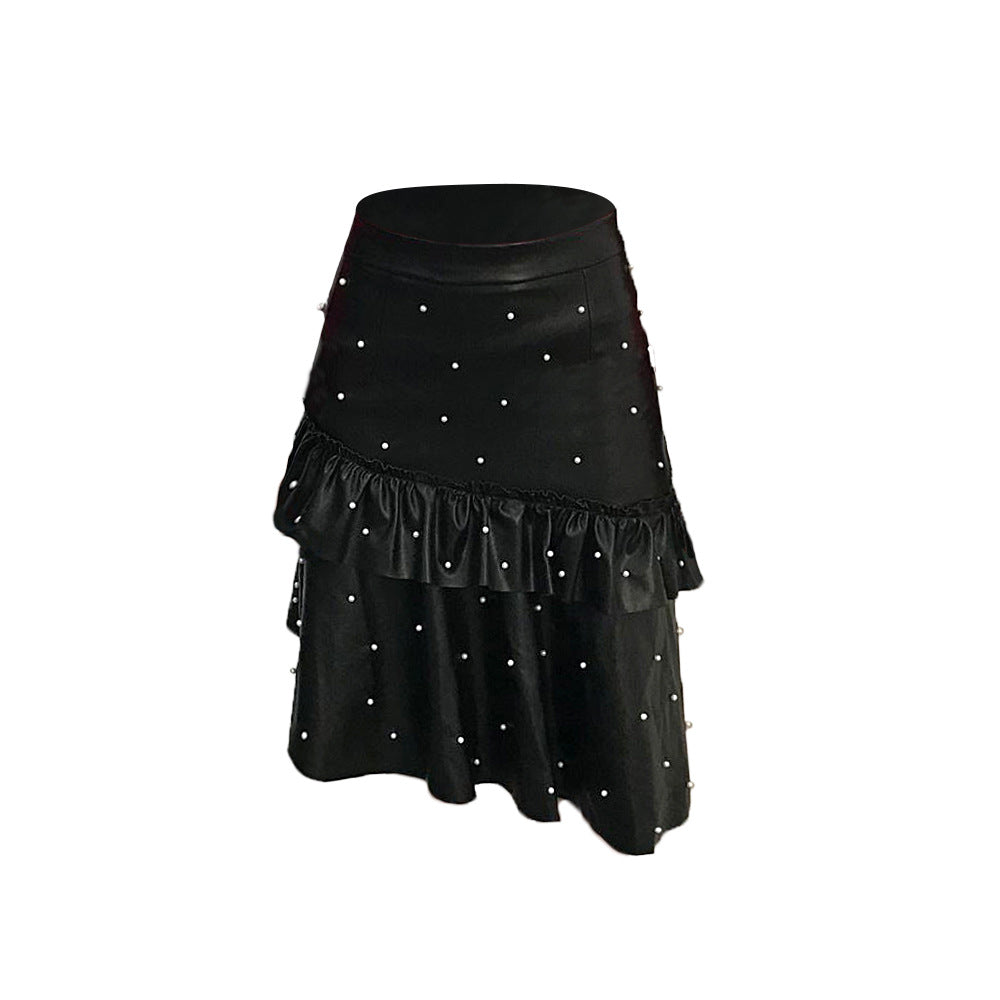 Hip Covered Ruffled Pearl Half Length Leather Skirt