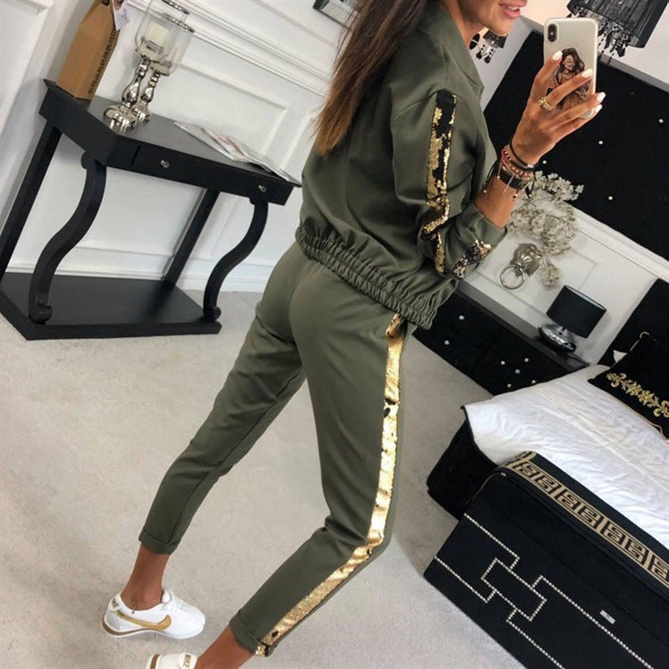 9536 European And American AliExpress 2019 Autumn Fashion Casual Sequin Splicing Coat Trousers Sports Suit For Women