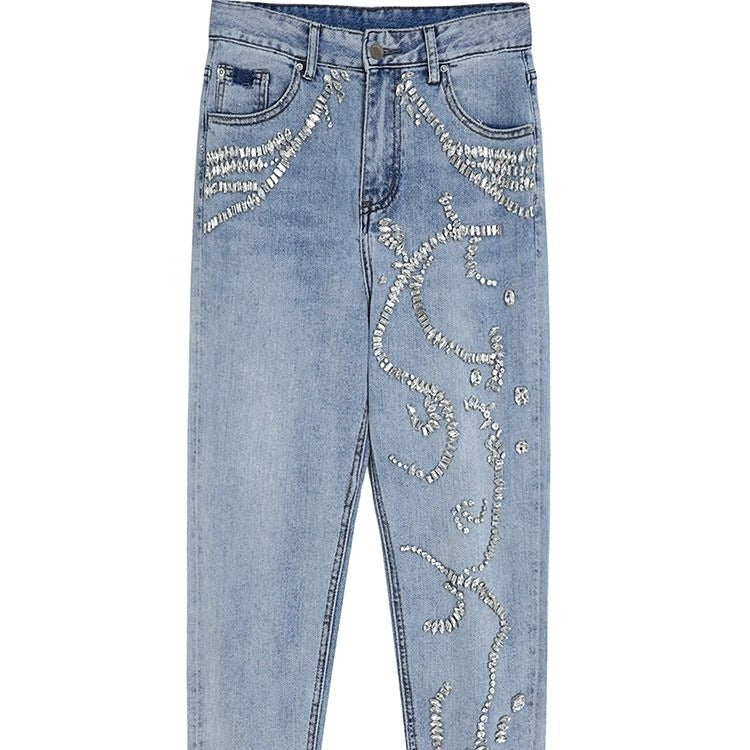 Women's Simple Loose Diamond High-Waist Jeans