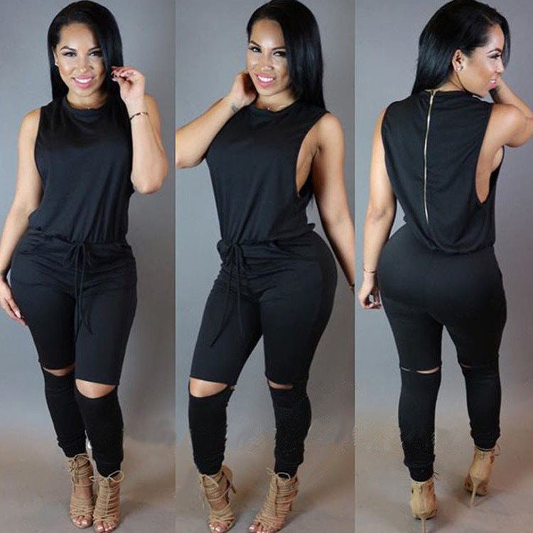 Solid Color Drawstring One-Piece Zipper Jumpsuit