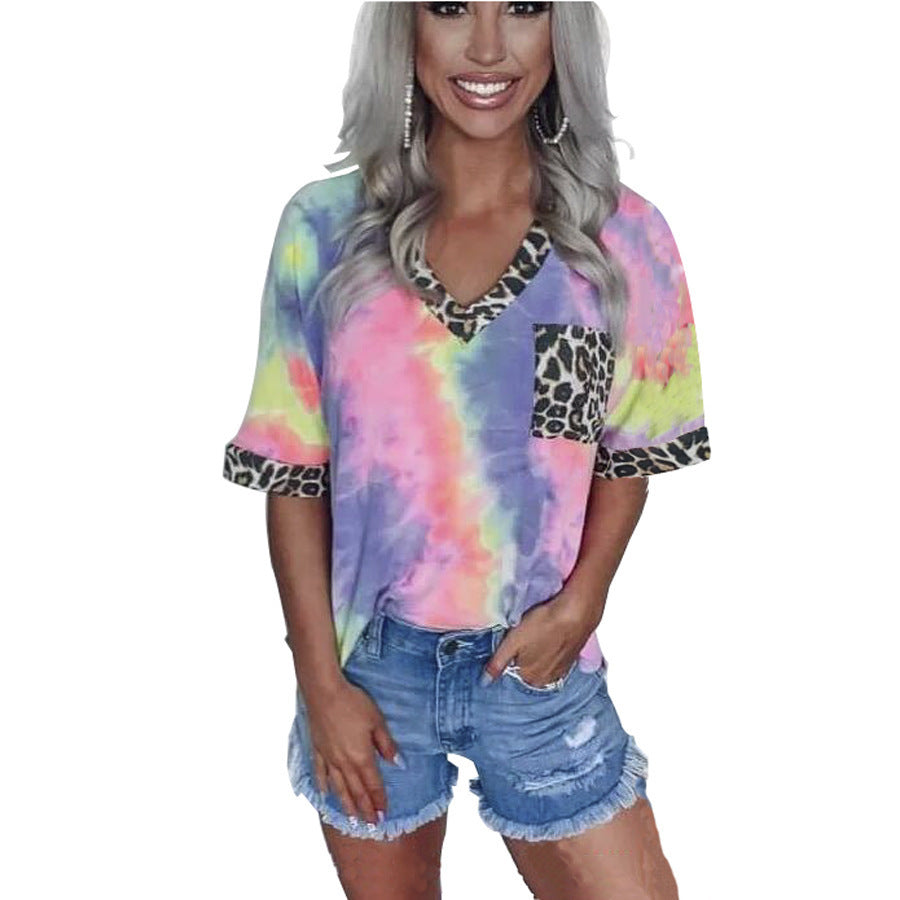 Tie Dye Rainbow Leopard V-Neck Cotton Top