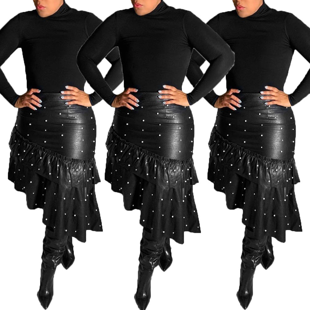 Hip Covered Ruffled Pearl Half Length Leather Skirt