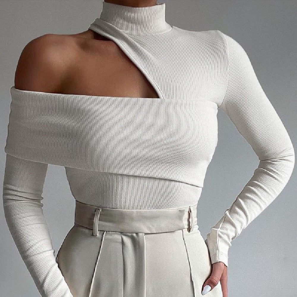 One Shoulder Cutout Long Sleeve Turtleneck Top